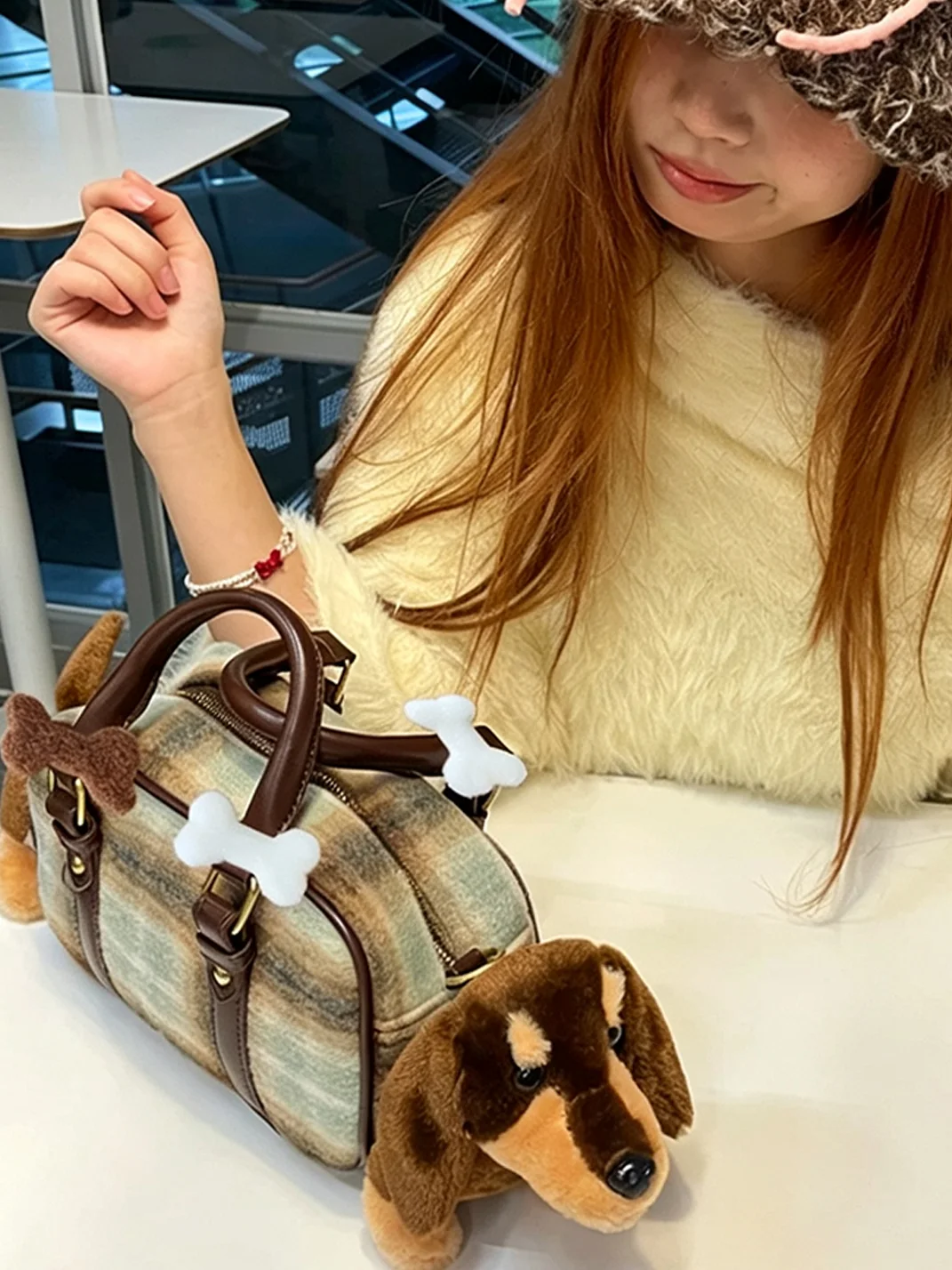 Wolf Grandmother | Plaid Dachshund Plush Handbag