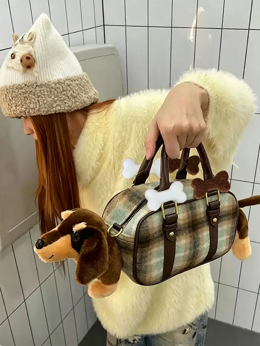 Wolf Grandmother | Plaid Dachshund Plush Handbag