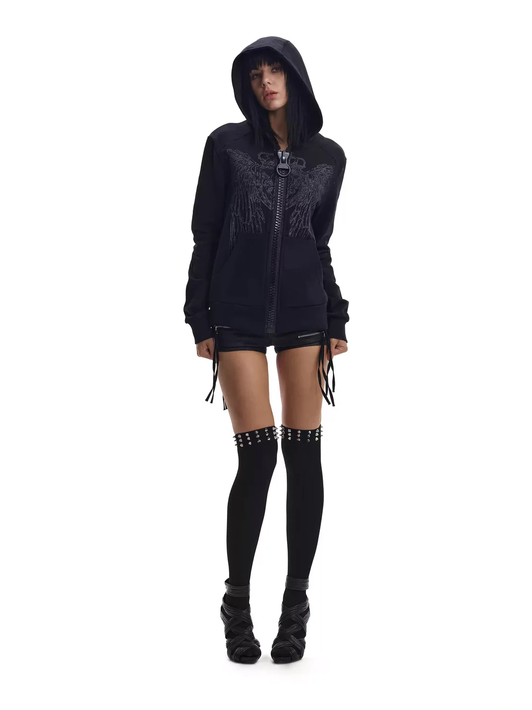 no E mosen | Crown Wing Glitter Print Fitted Zip Hoodie
