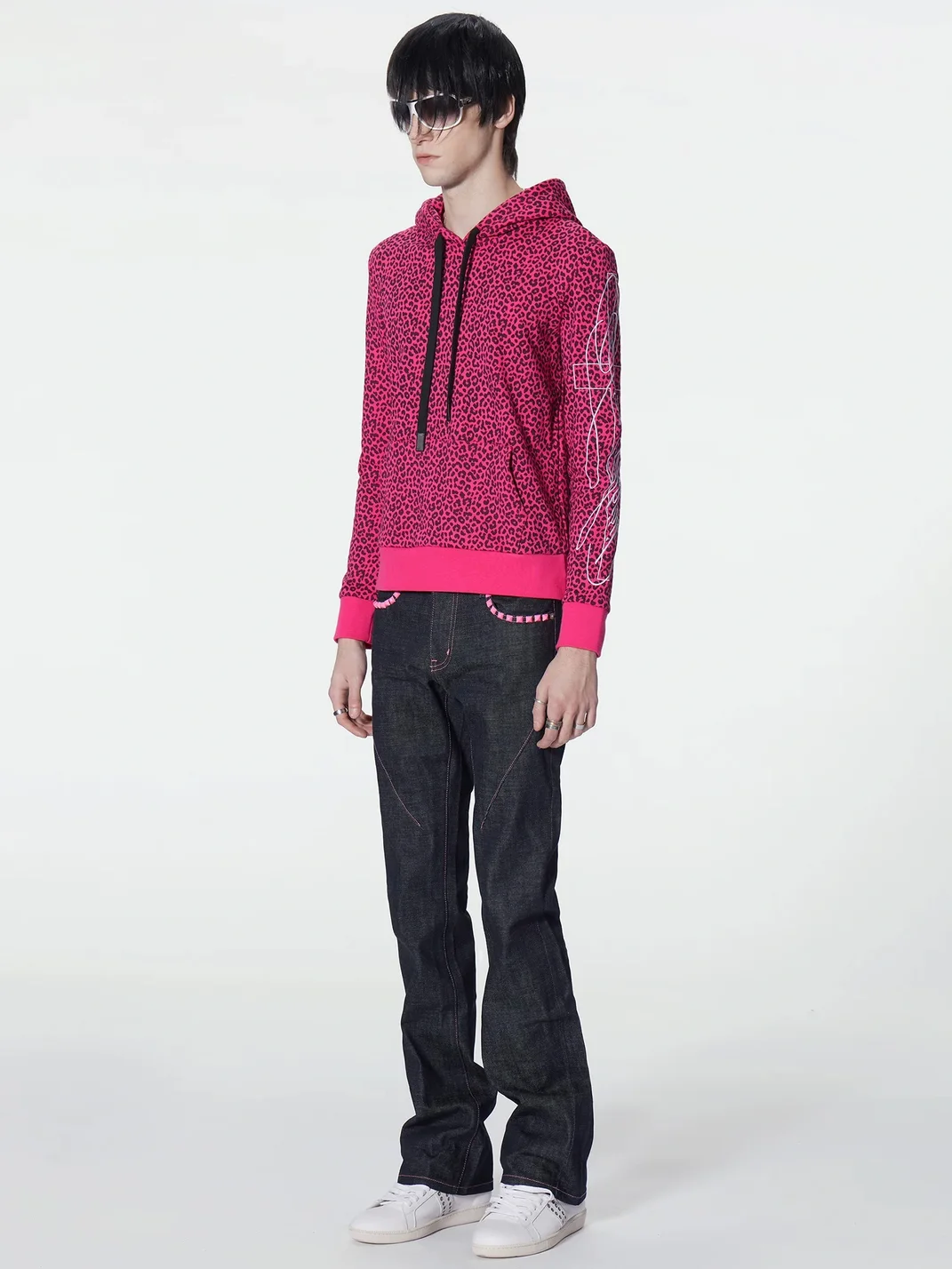 no E mosen | Dark Indigo Contrast Stitch Studded Flared Jeans