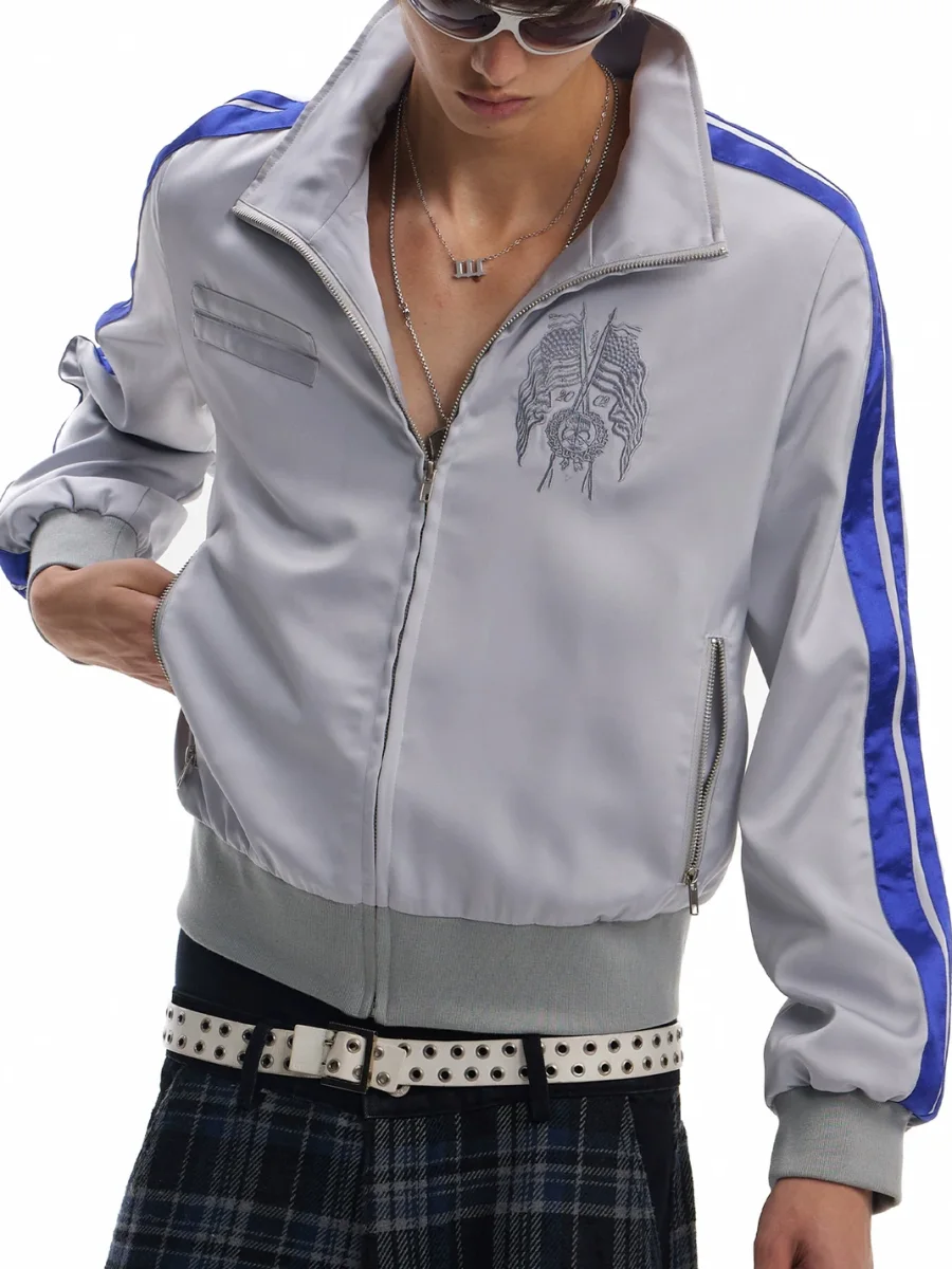 no E mosen | Satin Colorblock Leopard Trim Stand Collar Jacket - 4