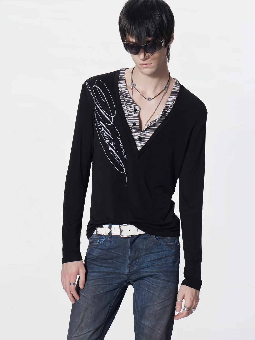 no E mosen | V-Neck Striped Layered Long Sleeve Top