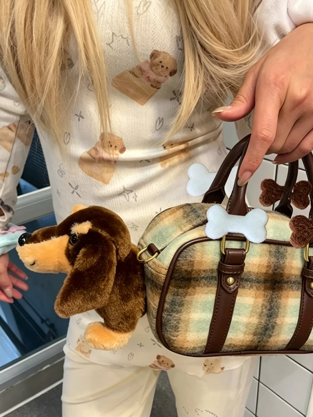 Wolf Grandmother | Plaid Dachshund Plush Handbag