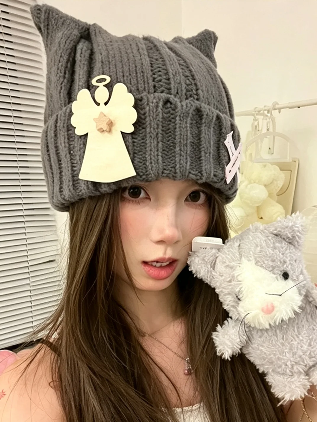 Wolf Grandmother | Chunky Knit Cat Ear Beanie With Wooden Angel