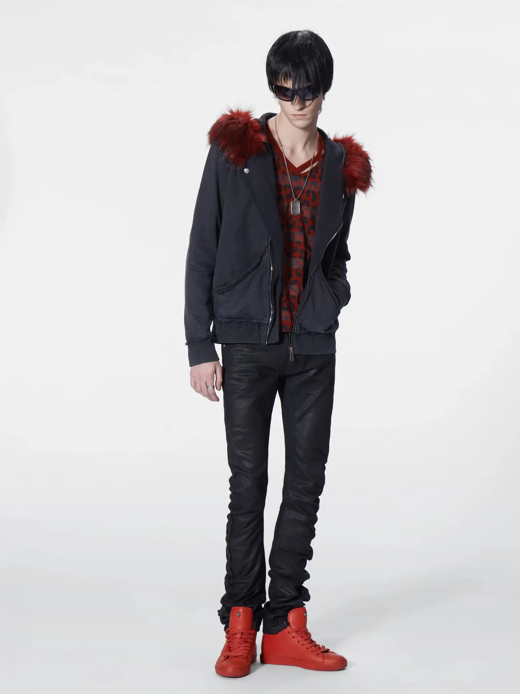 no E mosen | Washed Biker Collar Fur Trim Hooded Sweatshirt