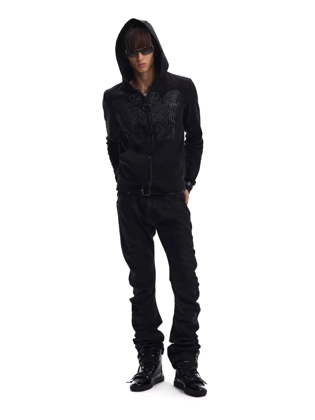 no E mosen | Crown Wing Glitter Print Fitted Zip Hoodie