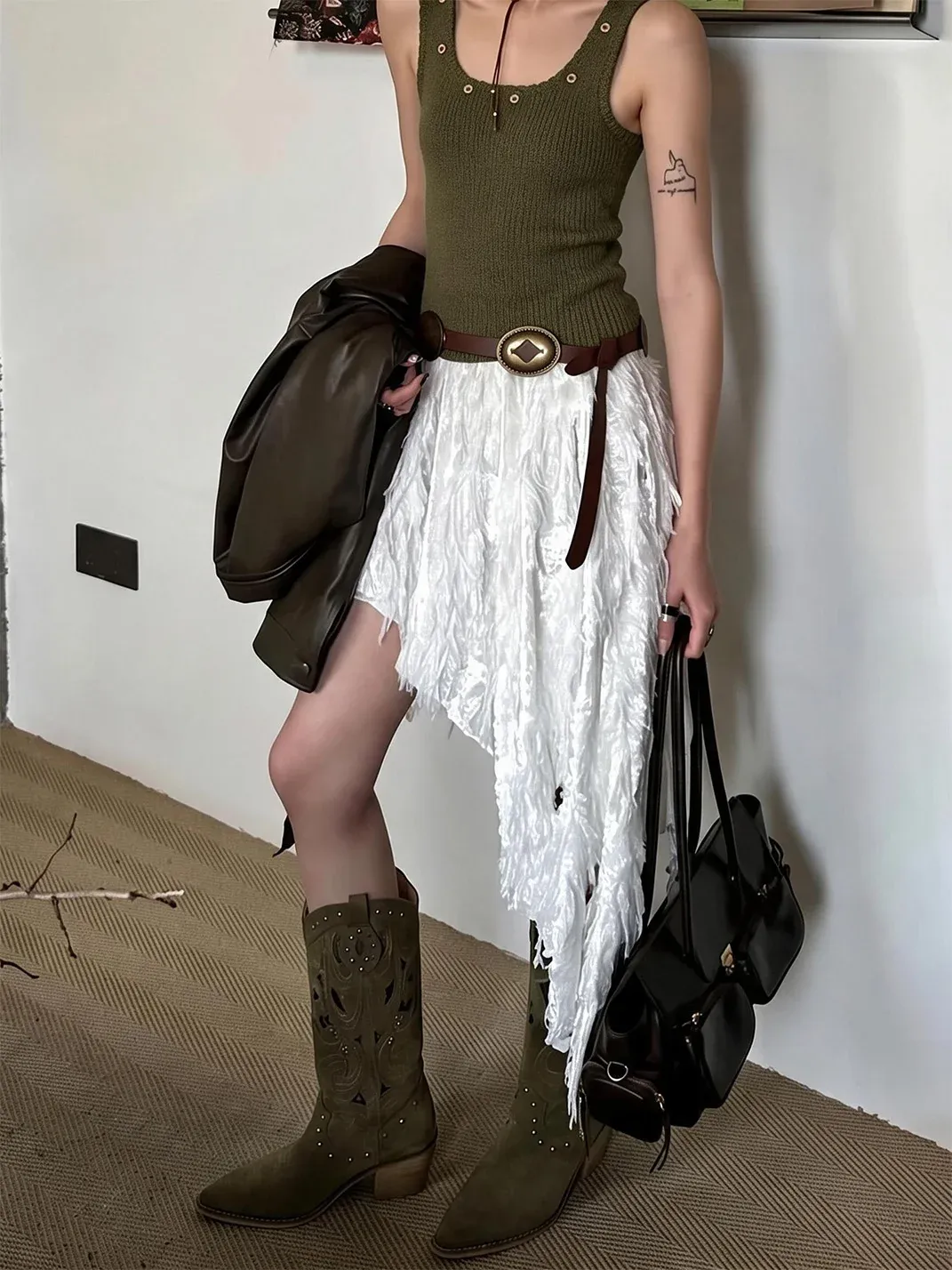 In lucky | Embroidered Cutout Western Tall Boots