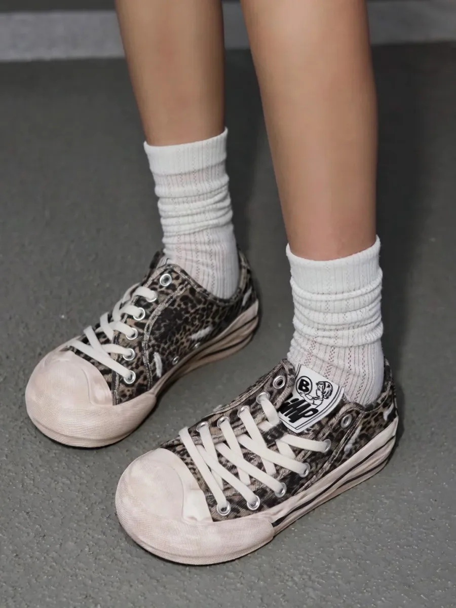 BBIMP | Leopard Print Distressed Low Top Canvas Sneakers - 2