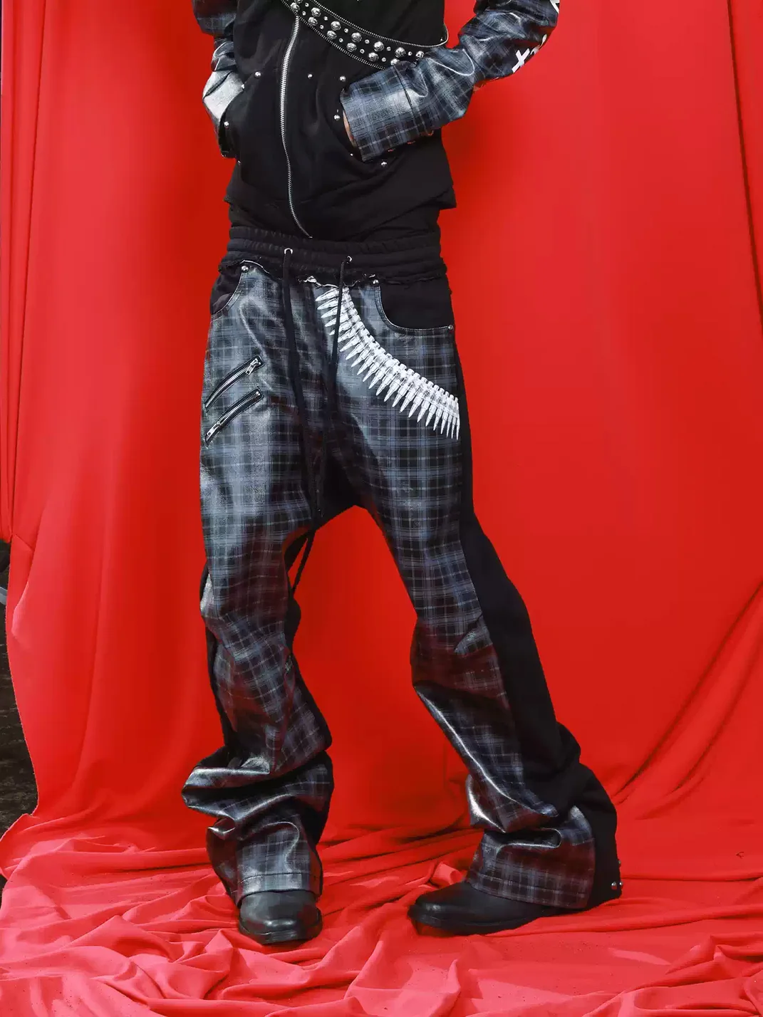 DETW | Plaid Panel Ruched Flared Casual Pants