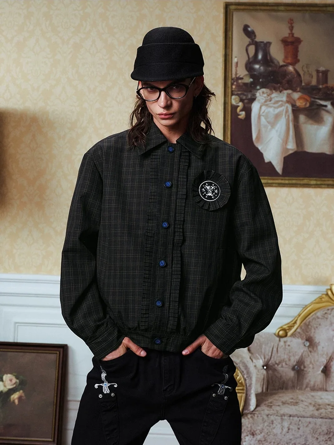 YADcrew | Retro Houndstooth Embroidered Slim Jacket