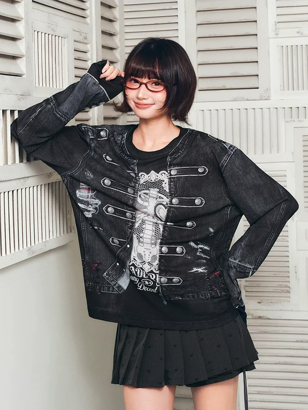 YADcrew | 3D Layered Napoleon Jacket Print Long Sleeve T-Shirt