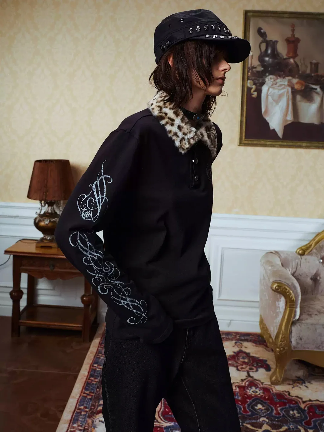 YADcrew | Detachable Leopard Collar Long Sleeve Polo Shirt