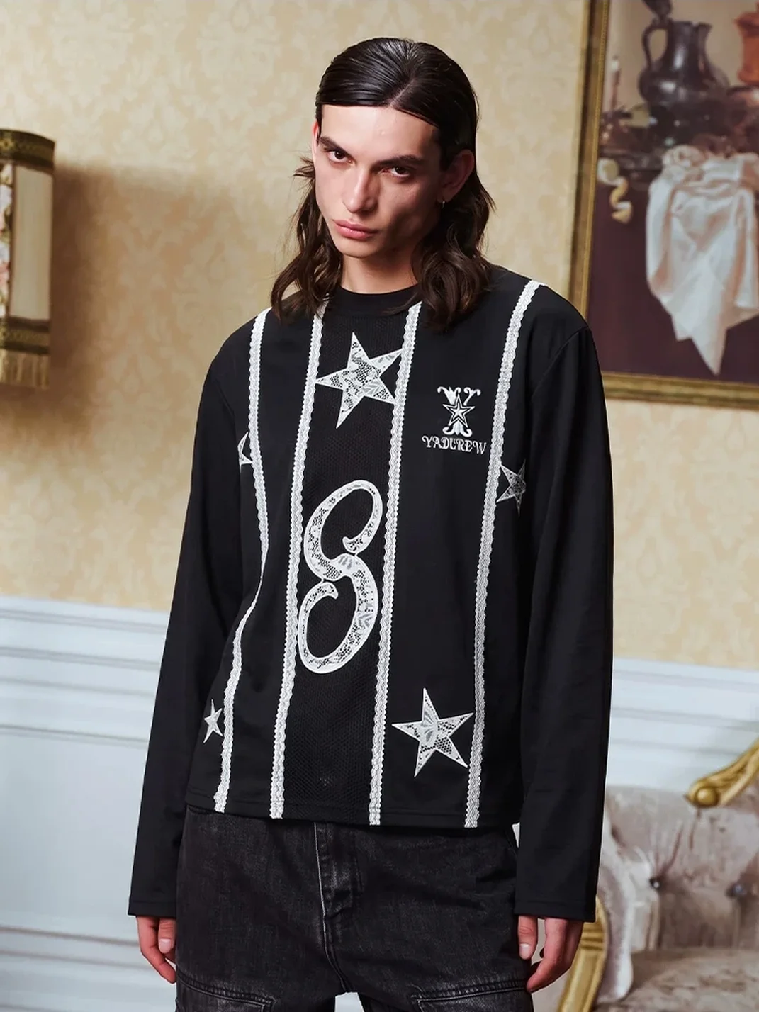 YADcrew | Unisex Lace Panel Embroidered Long Sleeve Top