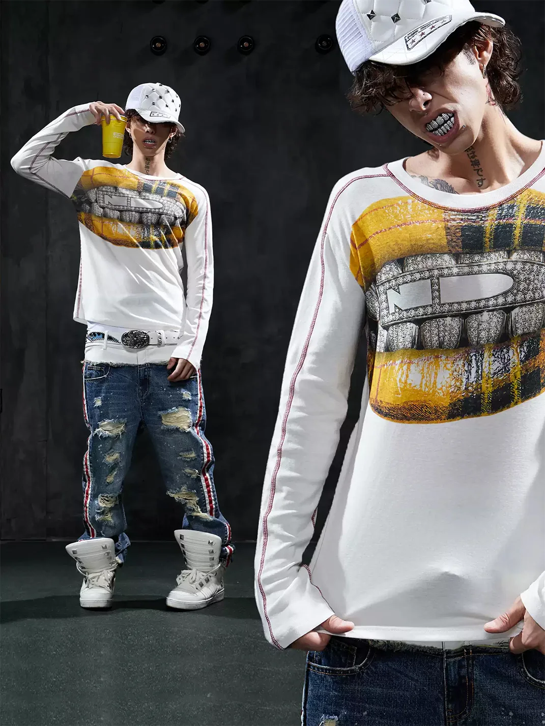 DND4DES | Slim Fit Graphic Wool Blend Long Sleeve T-Shirt