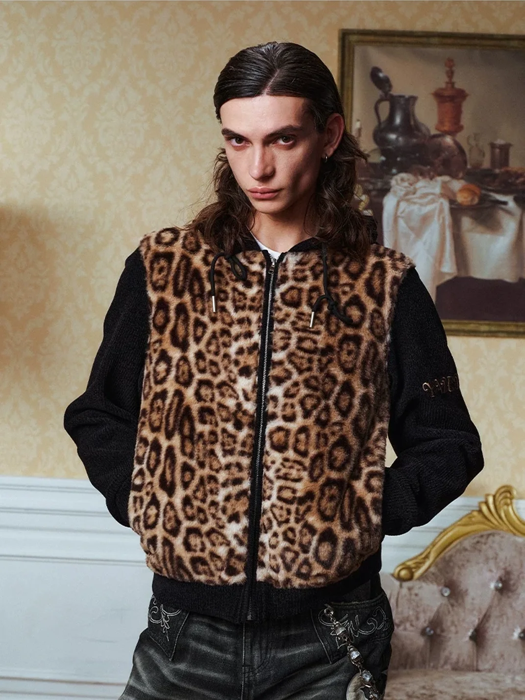 YADcrew | Slim Fit Leopard Faux Fur Hooded Jacket