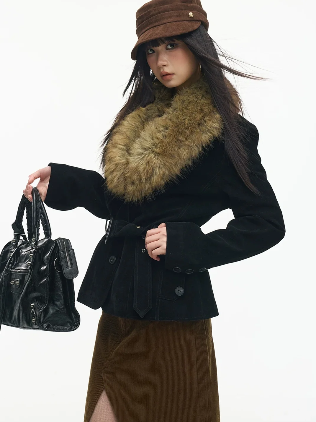 SereneEase | Vintage Fur Collar Belted Jacket