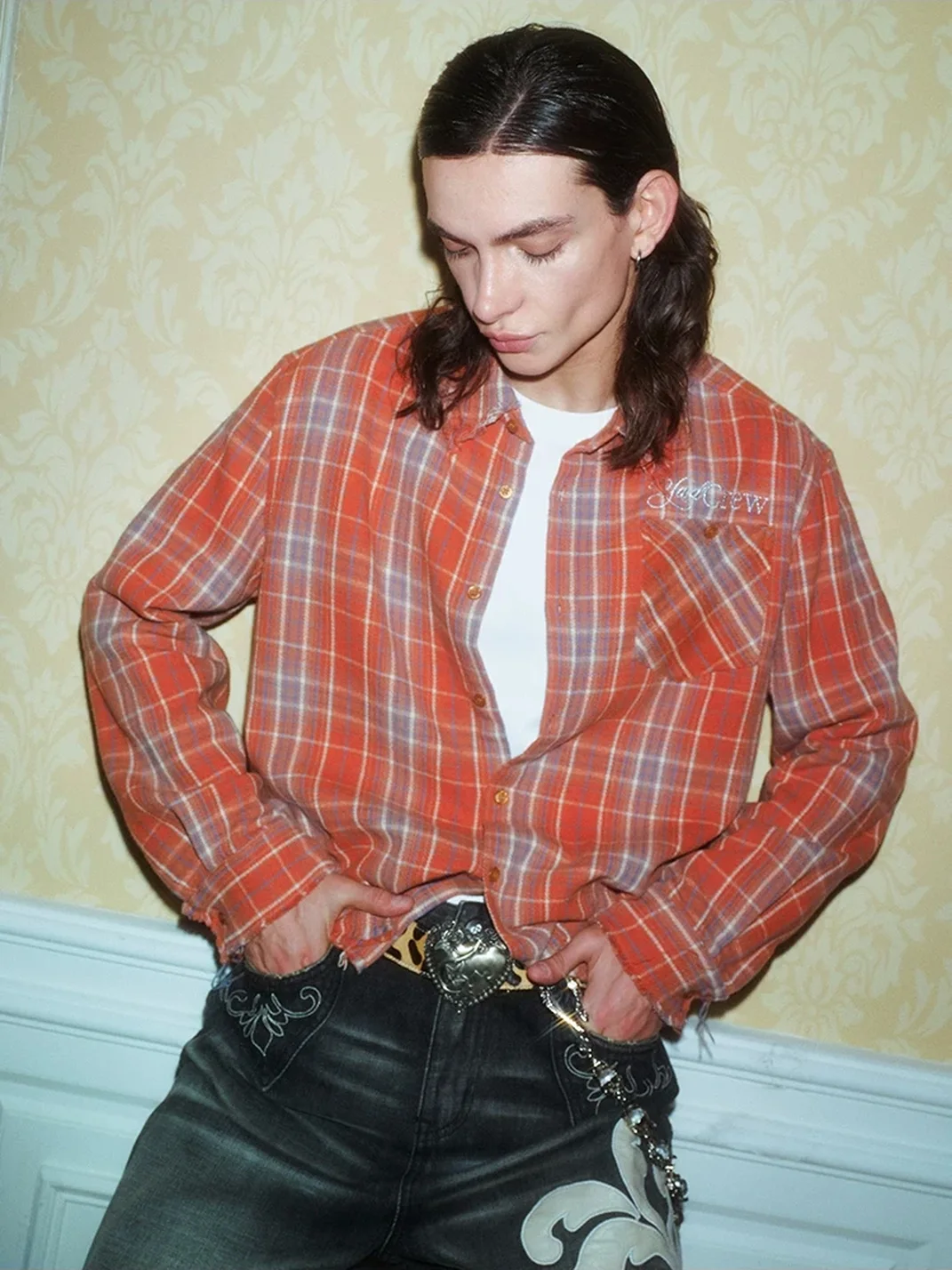 YADcrew | Distressed Fringed Rhinestone Embroidered Plaid Shirt