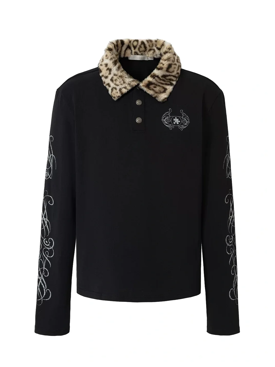 YADcrew | Detachable Leopard Collar Long Sleeve Polo Shirt