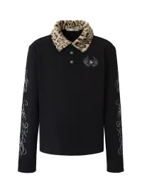 YADcrew | Detachable Leopard Collar Long Sleeve Polo Shirt