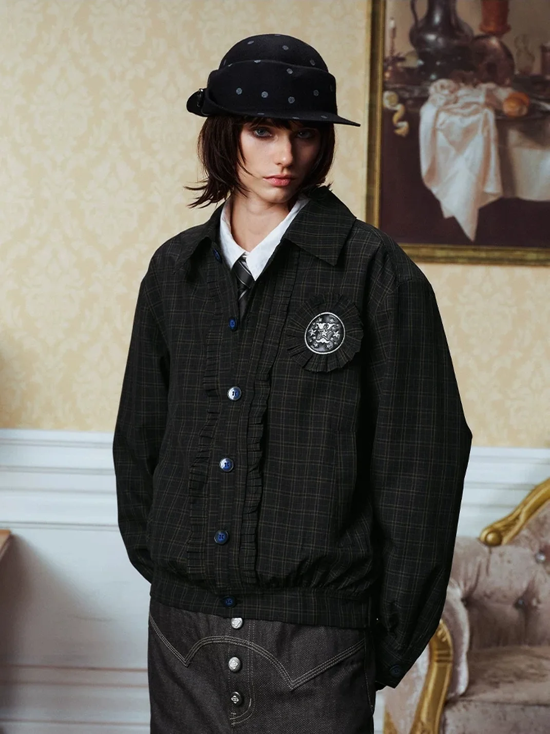 YADcrew | Retro Houndstooth Embroidered Slim Jacket