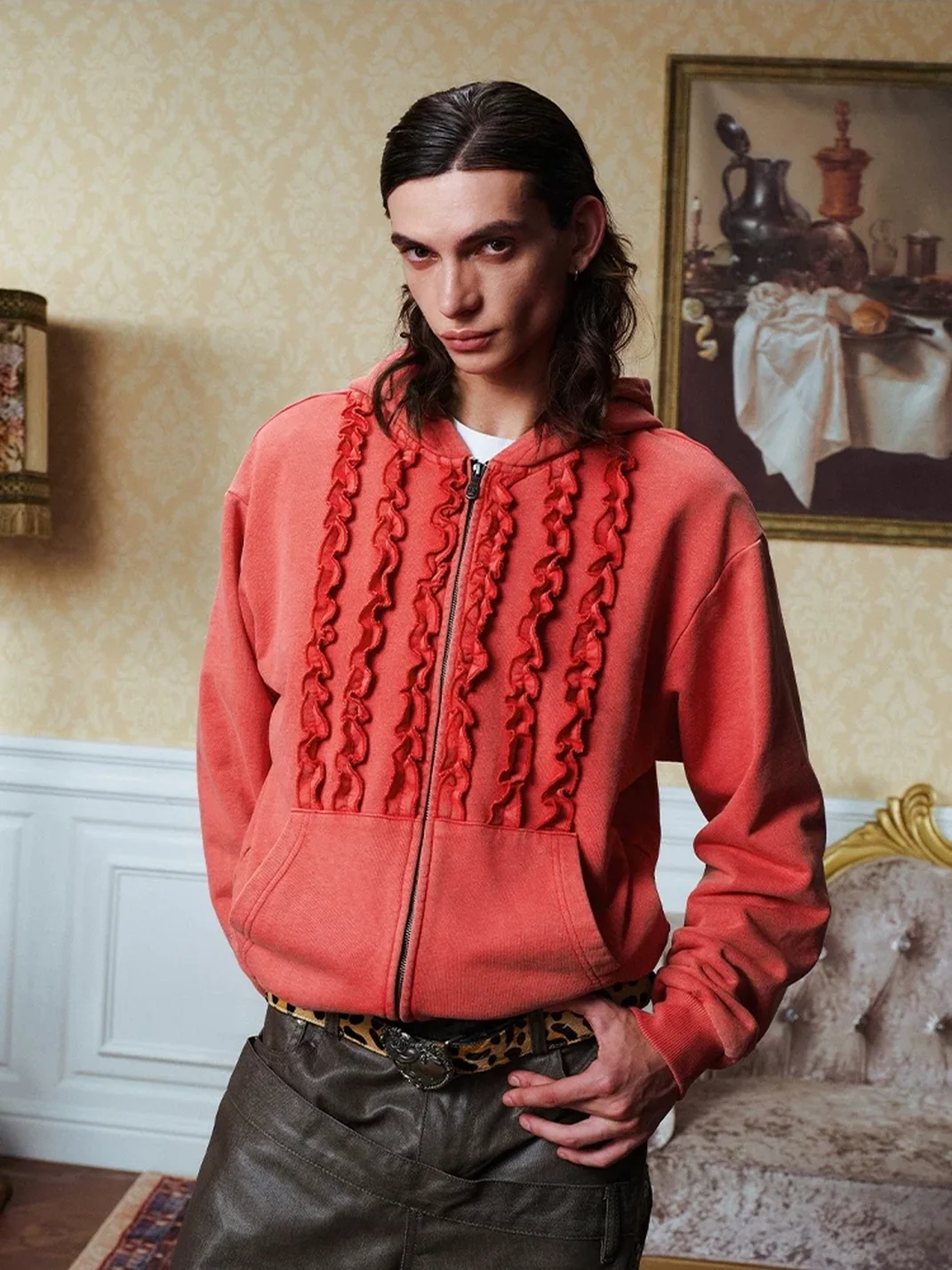 YADcrew | Washed Distressed Ruffle Zip-Up Hoodie