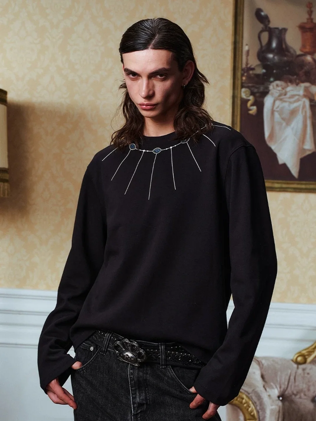 YADcrew | Rhinestone Necklace Crew Neck Long Sleeve T-Shirt