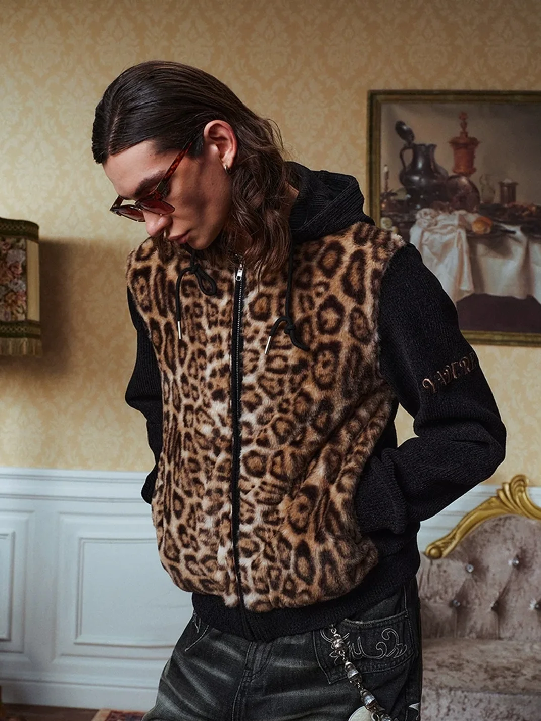 YADcrew | Slim Fit Leopard Faux Fur Hooded Jacket