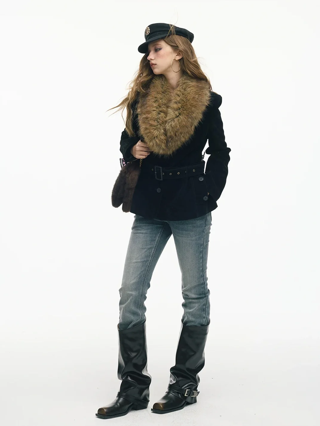 SereneEase | Vintage Fur Collar Belted Jacket