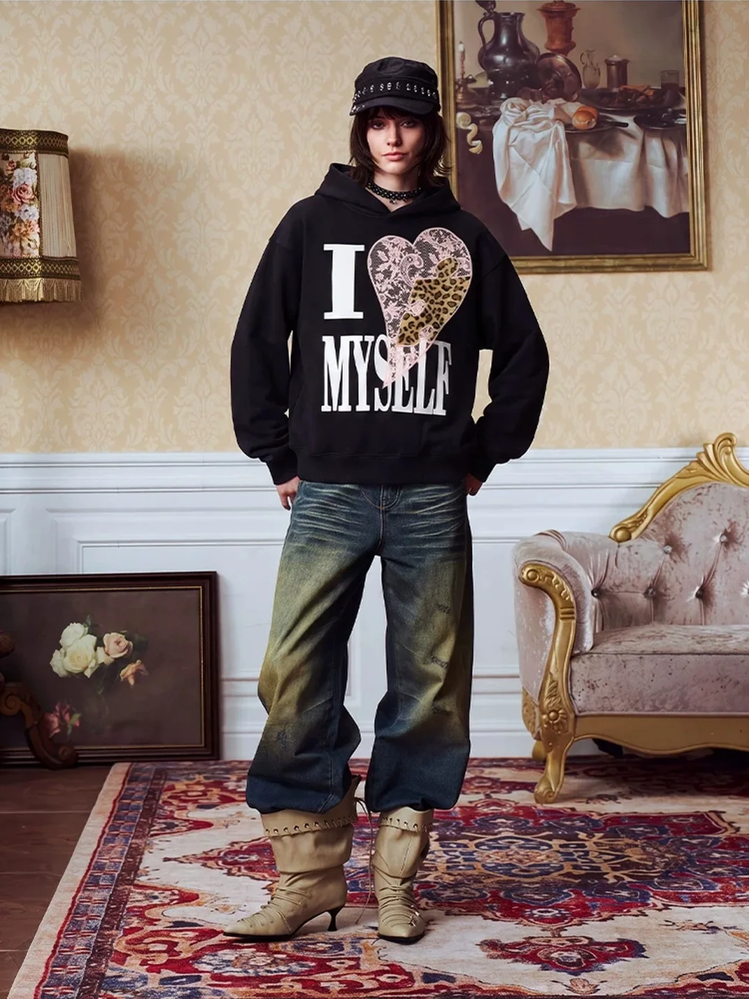 YADcrew | Relaxed Leopard Puzzle Heart Graphic Hoodie