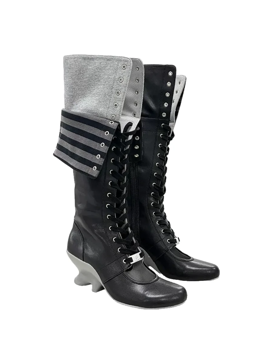 Grape online | Double-Layer Lace-Up Patchwork Fold-Over Boots - 3