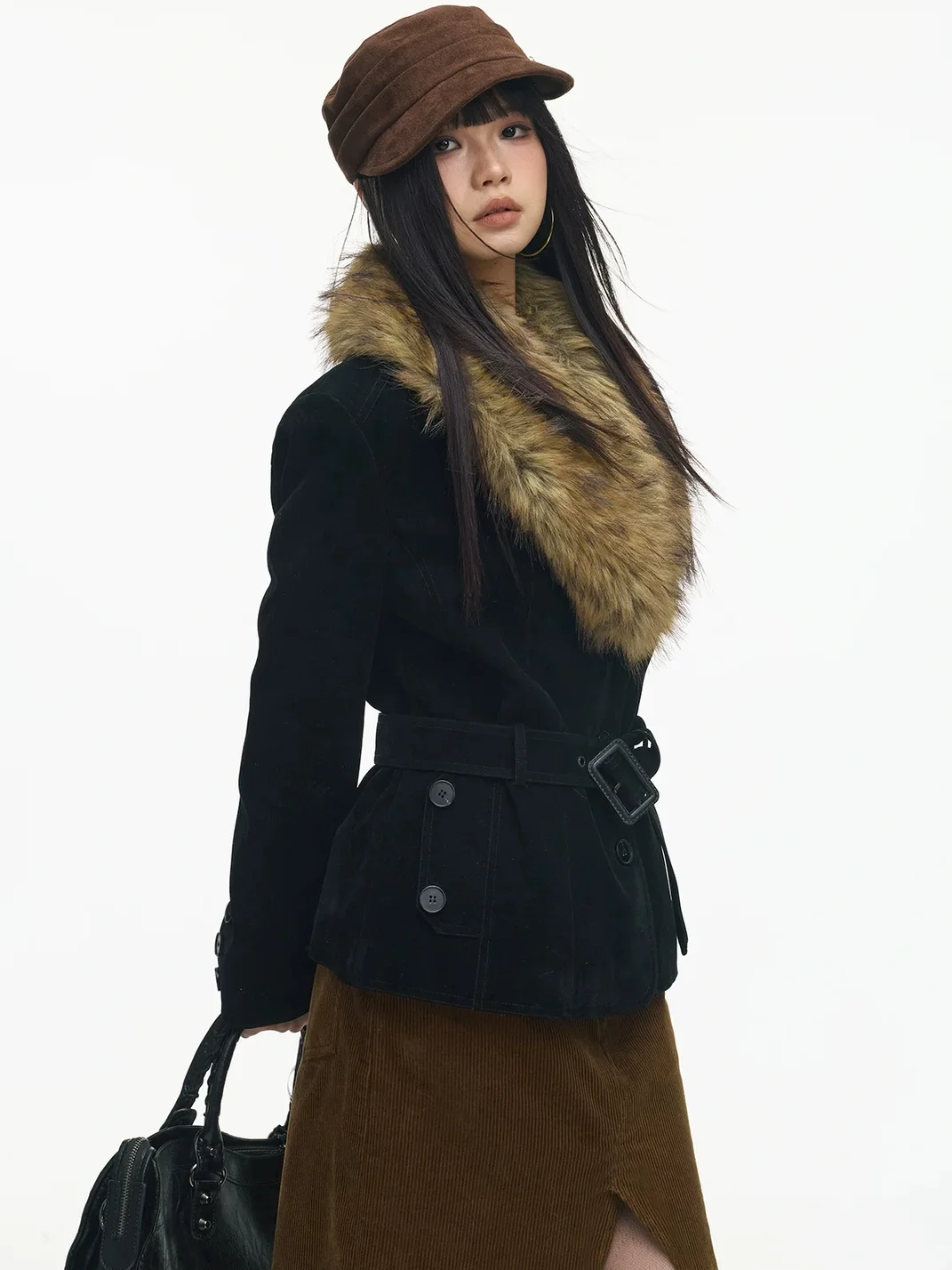SereneEase | Vintage Fur Collar Belted Jacket
