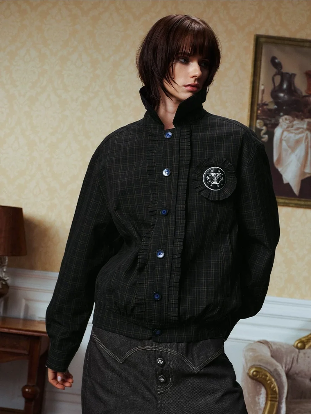 YADcrew | Retro Houndstooth Embroidered Slim Jacket