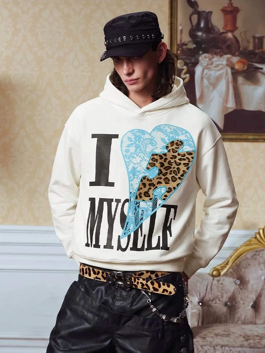 YADcrew | Relaxed Leopard Puzzle Heart Graphic Hoodie