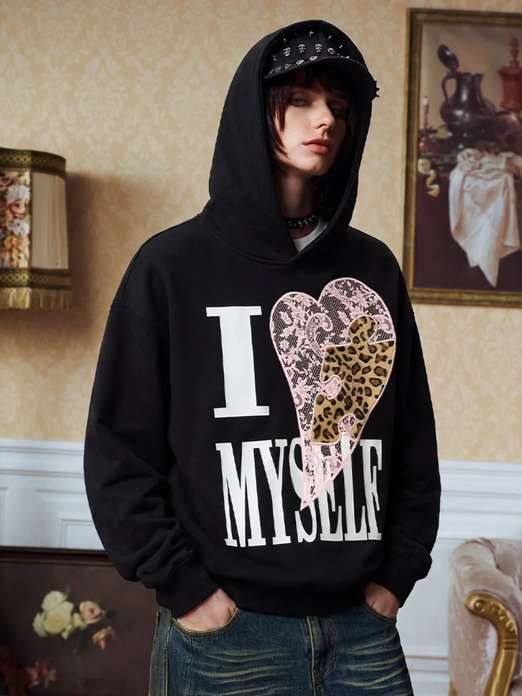 YADcrew | Relaxed Leopard Puzzle Heart Graphic Hoodie