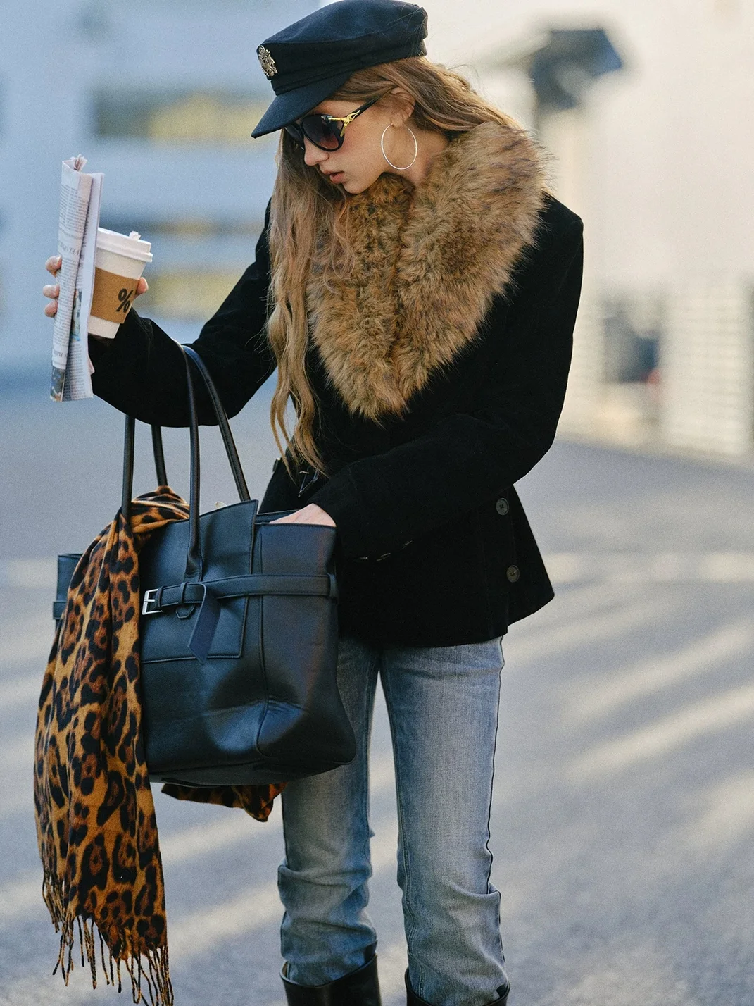 SereneEase | Vintage Fur Collar Belted Jacket