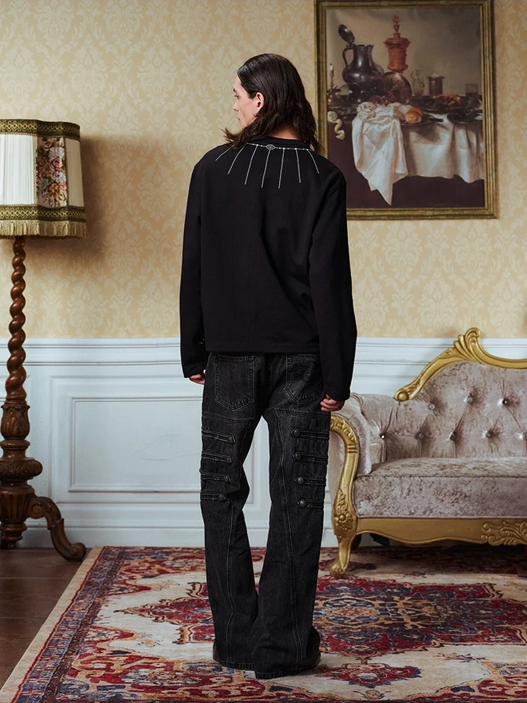 YADcrew | Rhinestone Necklace Crew Neck Long Sleeve T-Shirt