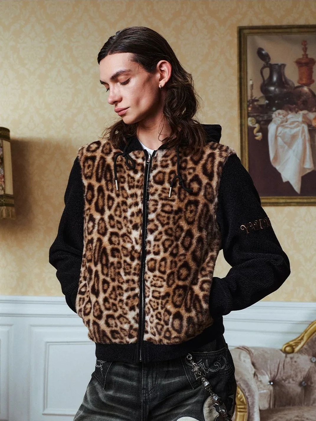 YADcrew | Slim Fit Leopard Faux Fur Hooded Jacket