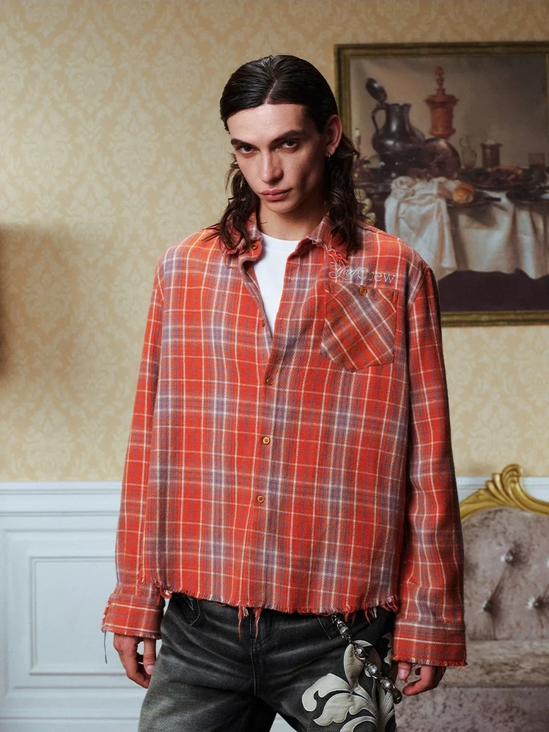 YADcrew | Distressed Fringed Rhinestone Embroidered Plaid Shirt