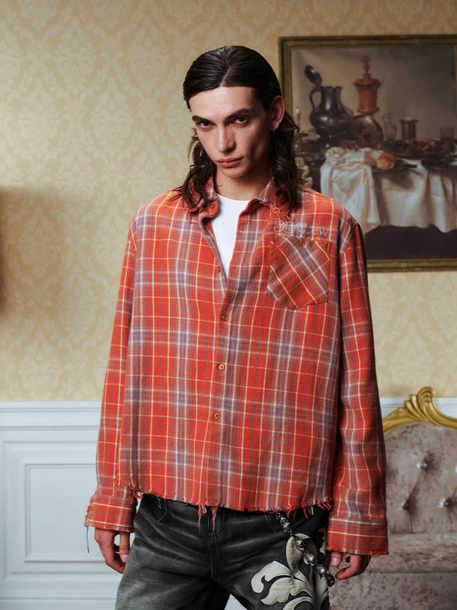 YADcrew | Distressed Fringed Rhinestone Embroidered Plaid Shirt - 3