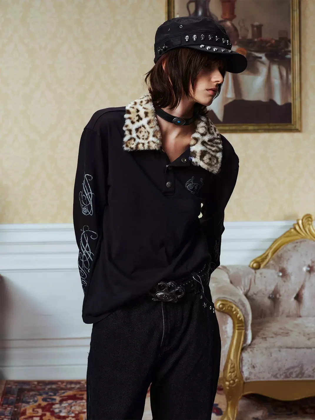 YADcrew | Detachable Leopard Collar Long Sleeve Polo Shirt