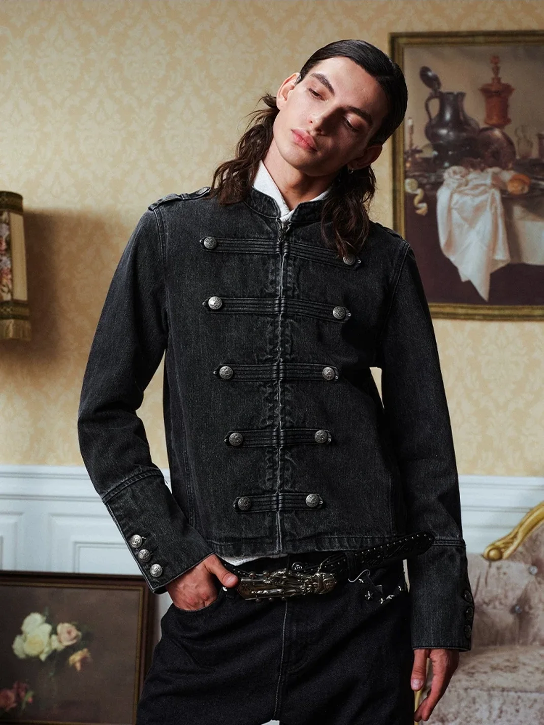 YADcrew | Vintage Napoleon Washed Embossed Denim Jacket