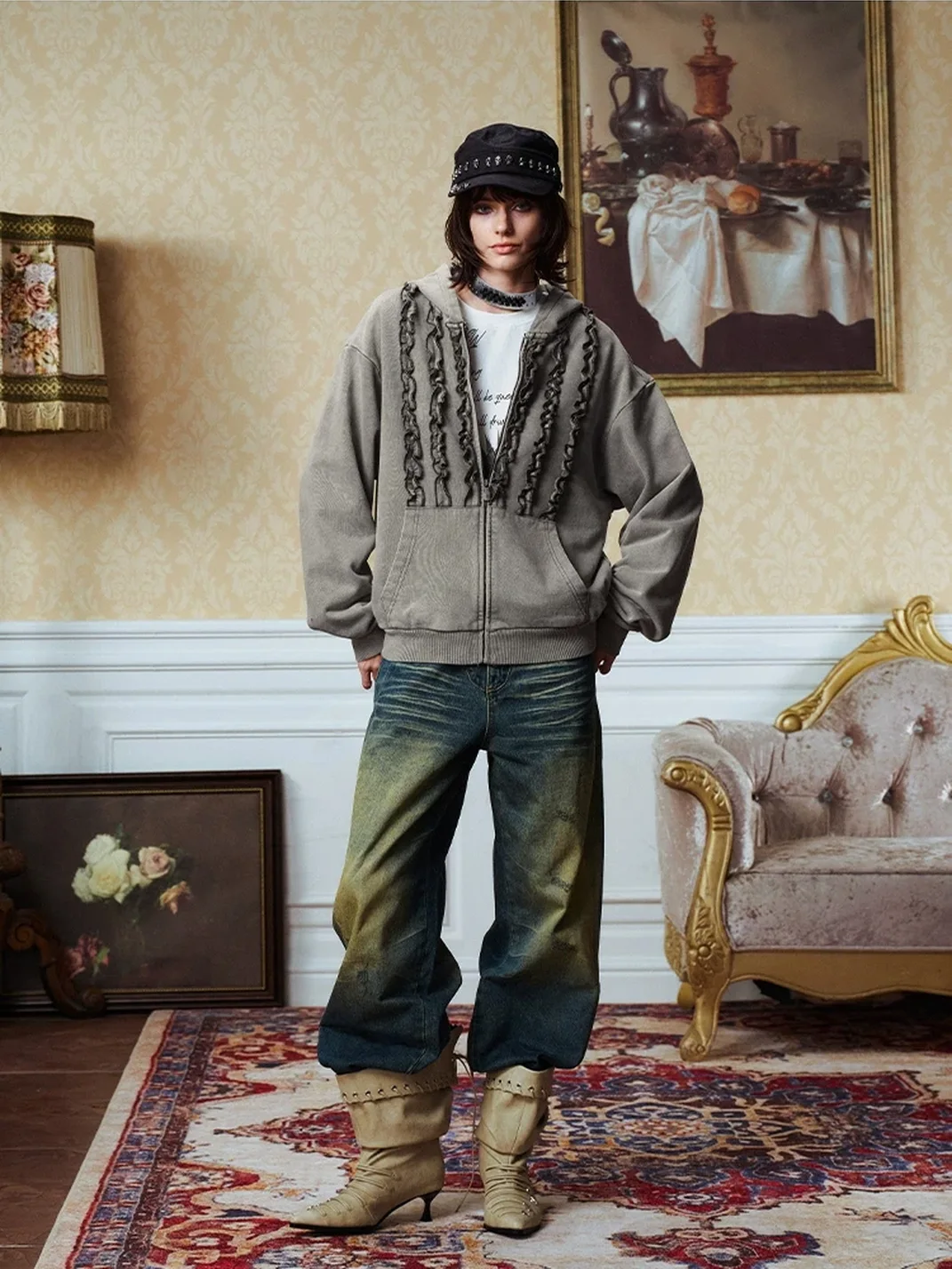 YADcrew | Washed Distressed Ruffle Zip-Up Hoodie