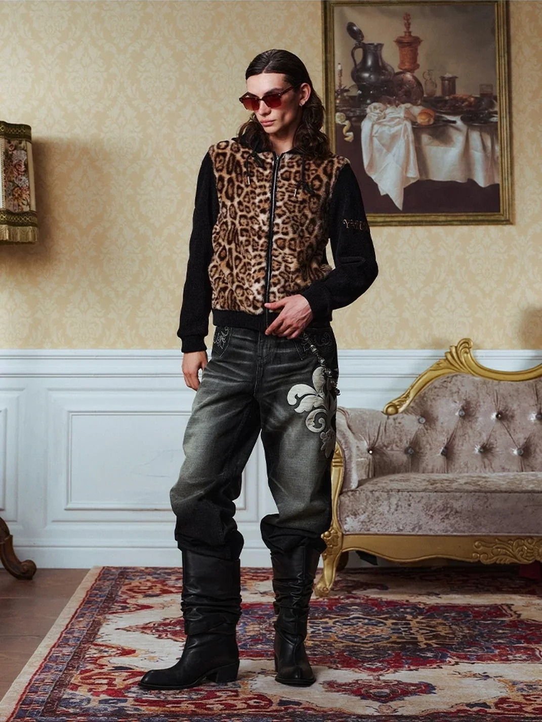 YADcrew | Slim Fit Leopard Faux Fur Hooded Jacket