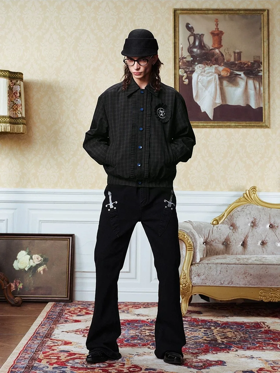 YADcrew | Retro Houndstooth Embroidered Slim Jacket