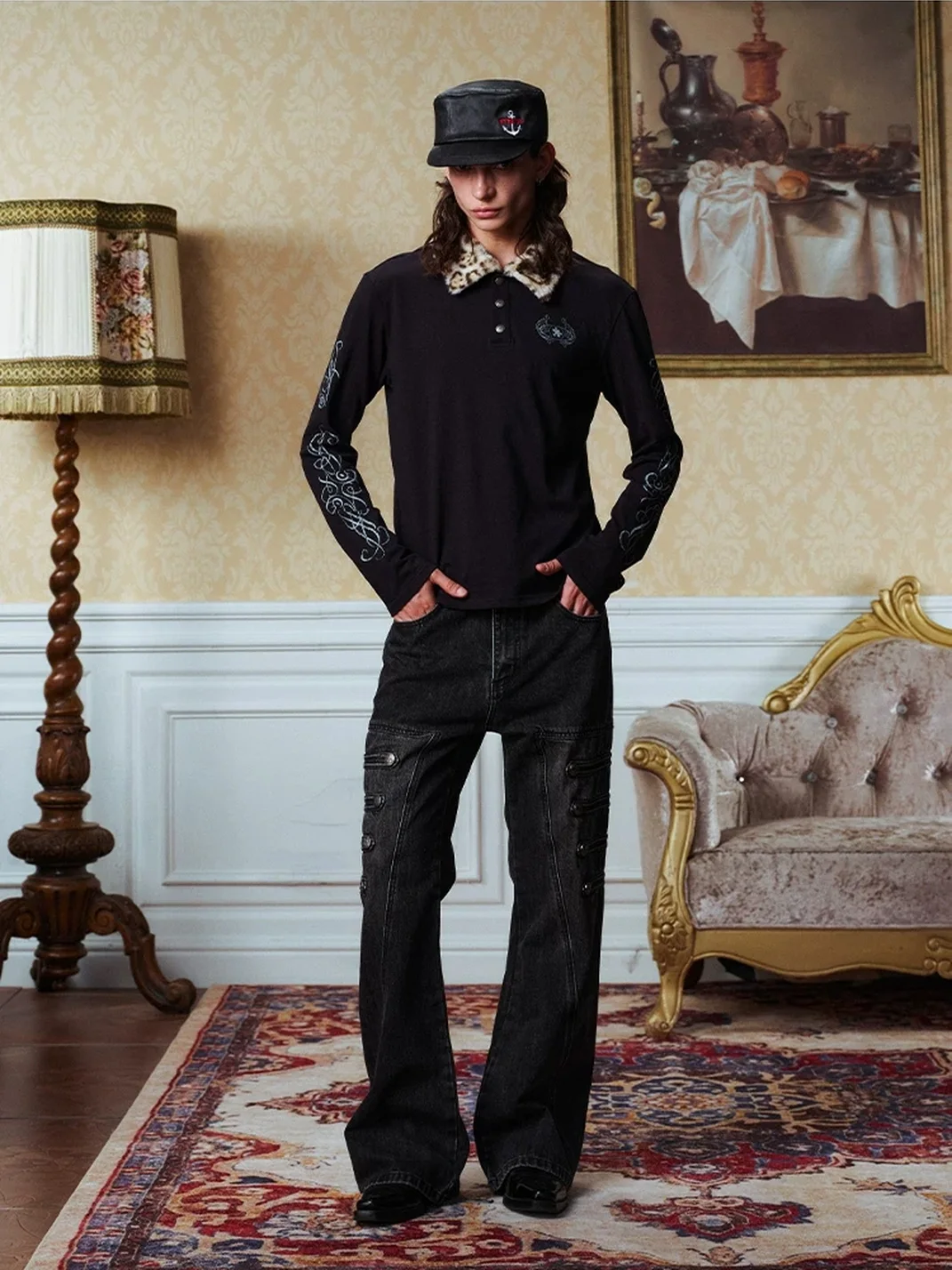 YADcrew | Detachable Leopard Collar Long Sleeve Polo Shirt