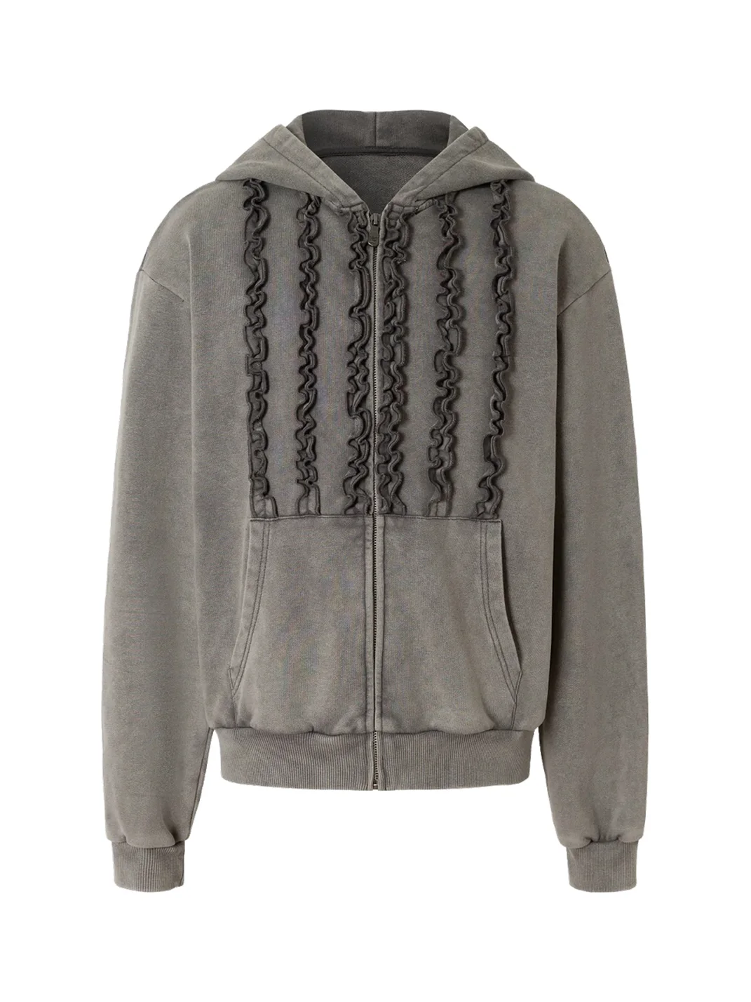 YADcrew | Washed Distressed Ruffle Zip-Up Hoodie