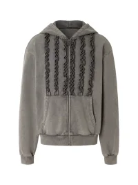 YADcrew | Washed Distressed Ruffle Zip-Up Hoodie