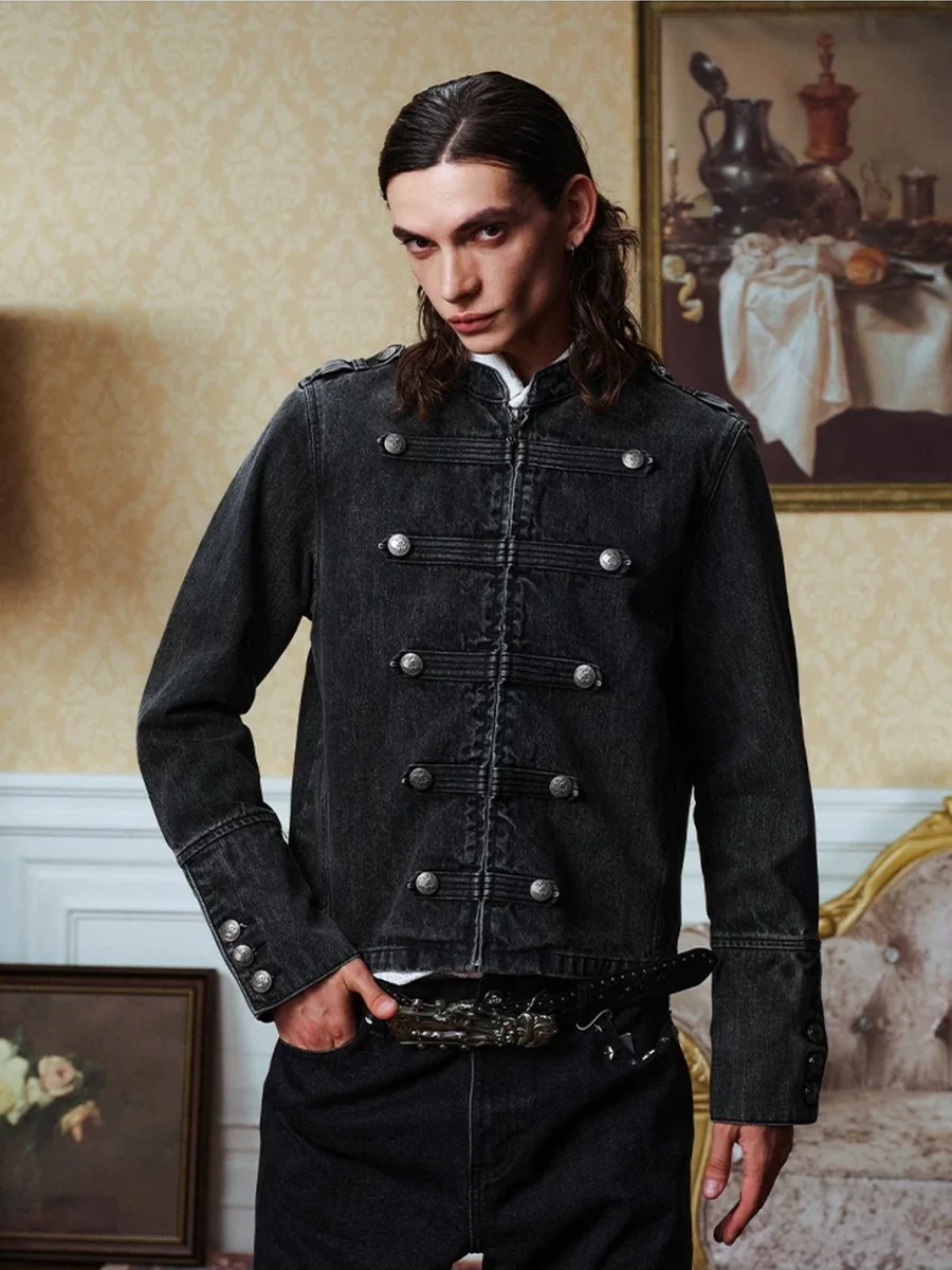 YADcrew | Vintage Napoleon Washed Embossed Denim Jacket - 2