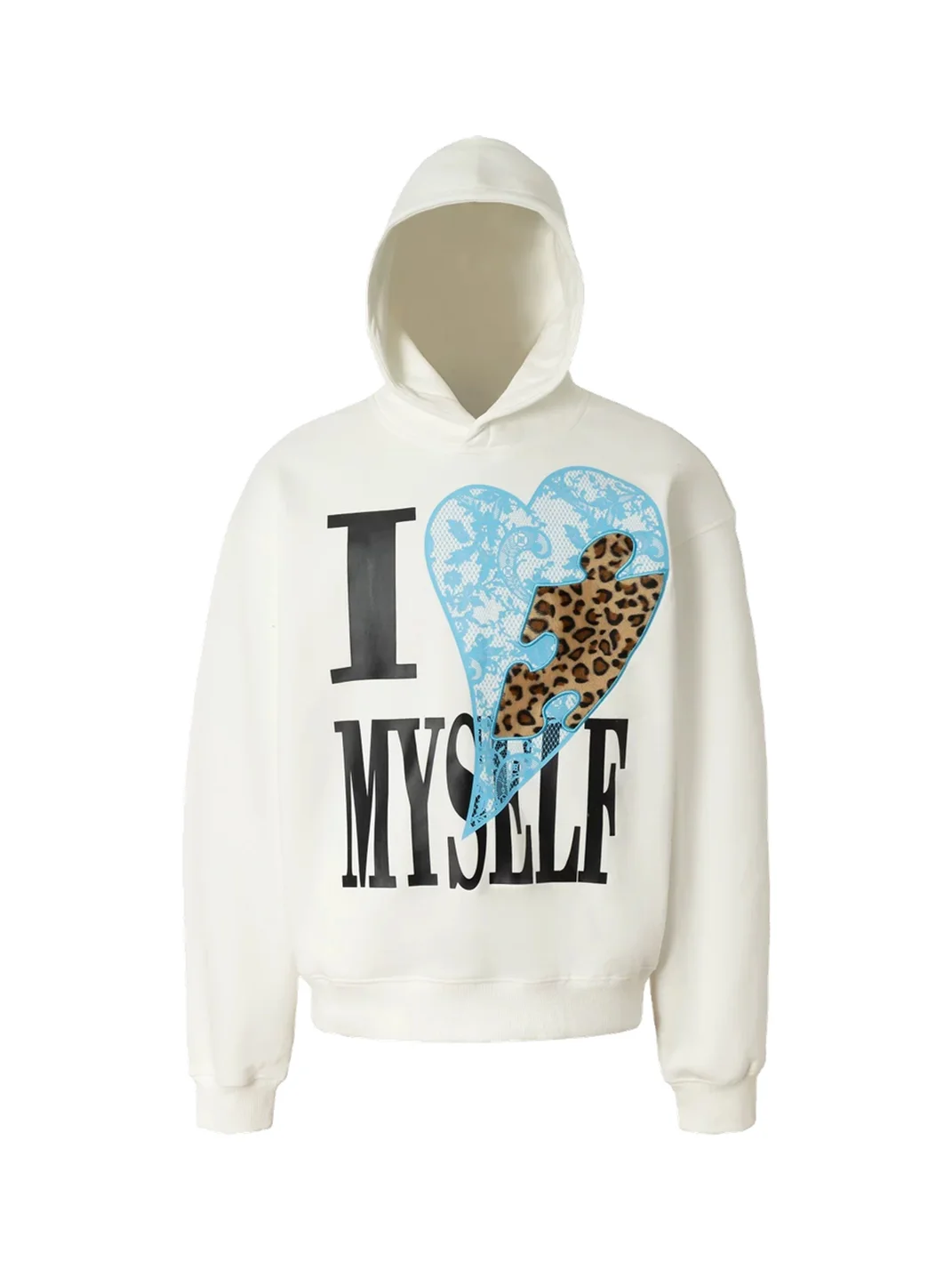 YADcrew | Relaxed Leopard Puzzle Heart Graphic Hoodie