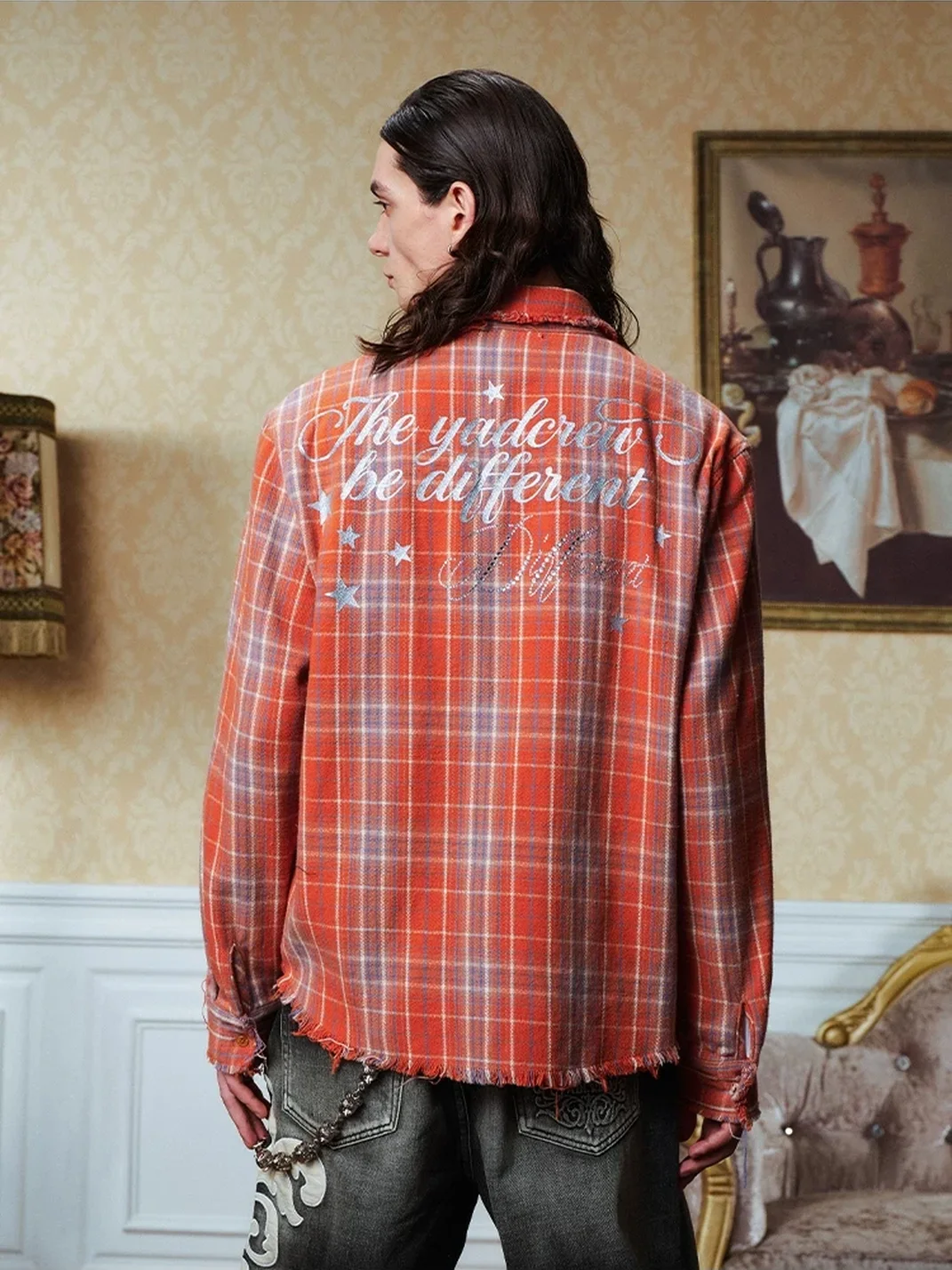 YADcrew | Distressed Fringed Rhinestone Embroidered Plaid Shirt